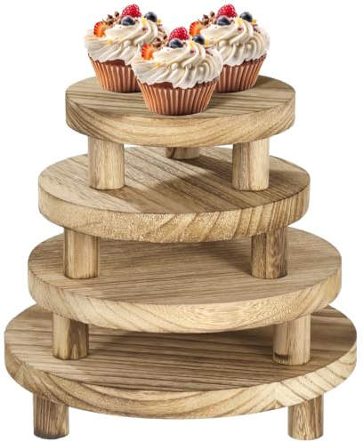 SWEWARM 4 PCS Wooden Display Risers, Round Pedestal Stands 5/6/7/8 Inch, Cupcake Display Riser, Rustic Burnt Wood Mini Display Trays, Farmhouse Pedestal Holders for Candle, Plant, Vase