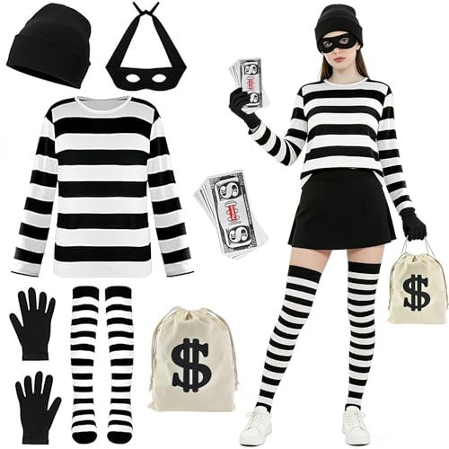 Taechalingo Kostüm Dieb,Kostümset für Räuber für Erwachsene,Räuber Kostüm,Karneval kostüm,Taschen und Augenmaske,Banknoten,Socke,Hut,Handschuhe für Halloween Karneval Cosplay, size L