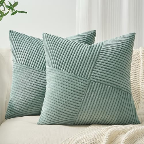 Topfinel Kissenbezug 60x60 Hellgrün Kordsamt 2er Set Windmühle Streifen Muster Kissenbezüge Kissenhülle Dekokissen Sofakissen Patchwork Design Deko Wohnzimmer Bett Schlafzimmer Sofa
