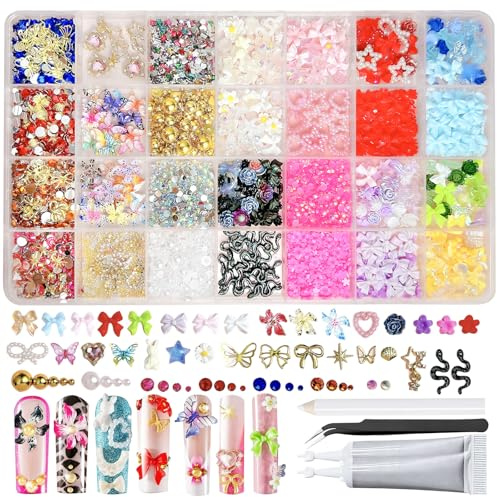 3D Nail Charms Kit with Tweezers,Crayons and 2 PCS Adhesives,28 Grids Nail Art Gems,Includes Butterfly,Moon,Star,Flower,for DIY Nails Design
