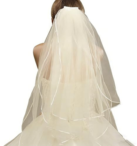 TSWNG Brautschleier Kurz Ivory, 3 Lagig Hochzeitsschleier, Einfach Schleier Mit Kamm, Elegant Tüllschleier Rüschen Rand, Haarschmuck für Braut, Damen, Hochzeit, JGA, Cosplay Party (60-80cm)