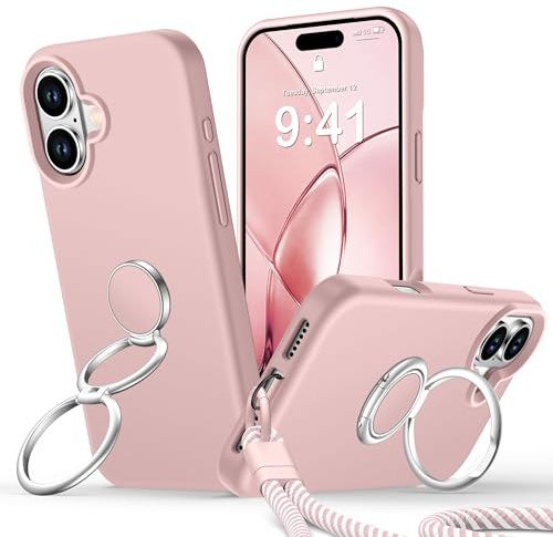 Rockaway Silicone Case for iPhone 16, Double Ring Stand Pink | Wrist Strap, Shockproof Protective Cover for iPhone 16 6.1 - Pink