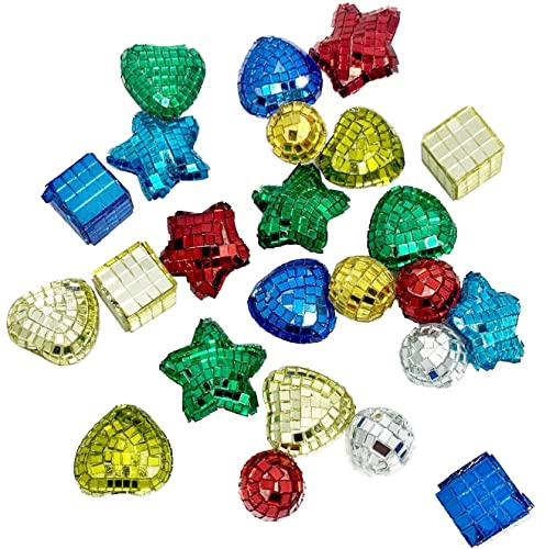 naninoa 24 Spiegel- Kugeln, Sterne, Herzen, WÜRFEL. Kleine Diskokugeln, Spiegelformen gemischt BUNT
