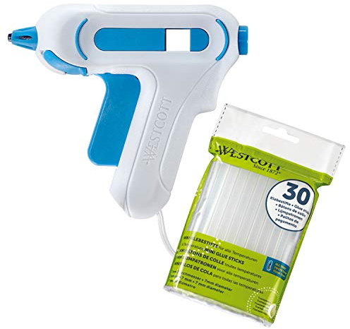 Westcott Mini Heißklebepistole inkl. 30stk Klebestiften, Set mit Klebepistole und Klebesticks für Schule Haus & Büro, weiß/blau