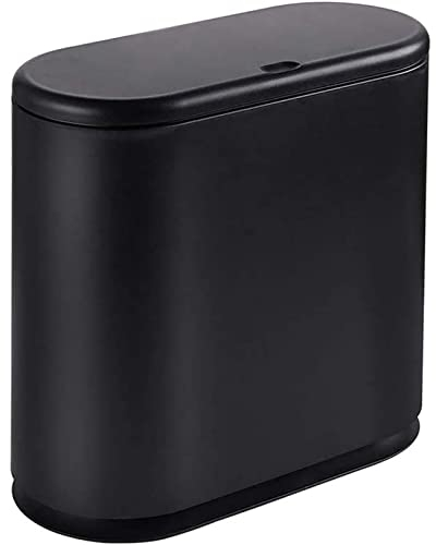TOMYEER Oval Push-Type Trash Can Clamshell Cover Plastic Slim Pedal Bin, for Bathroom Narrow Spaces, Office, Kitchen - Slim Space-Saving Design Black