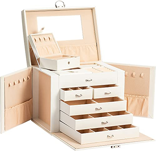 AdelDream Schmuckkasten Schmuckkoffer groß abschließbar 5 Ebenen mit 5 Schubladen mit Spiegel für Ringe Ohrringe Halsketten und Armbänder elegant und klassisch weiß