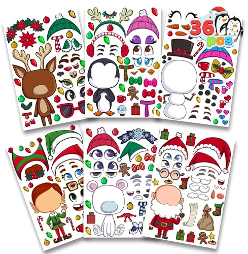 JOYIN 36 Stück Make a Face Aufkleberblätter Machen Sie Ihre eigenen Weihnachtsfiguren Mischen und kombinieren Sie Aufkleberblätter mit Ganzkörper Design