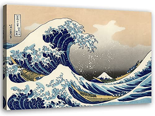 Feeby Vlies Leinwandbild Ukiyo-e Japan Tsunami-Welle 90x60 cm Druckbild Wandbild Wanddekoration Deko Wand Aesthetic Kanagawa Hokusai Holzschnitt Blau