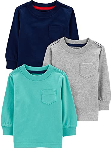 Simple Joys by Carter's Baby Boys' Long-Sleeved Shirts, Pack of 3, Blue/Grey/Navy, 12 Months