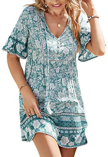 BebreezChic Robe Femme Mini Florale Boho Manche Courte Robe de Casual Plage Vacances Fêtes Voyages, Vert Clair, M
