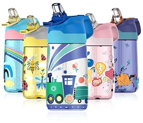 Fjbottle Borraccia Bambini con Cannuccia 450ml, Tritan - Senza BPA/Senza Perdite, Bottiglia Acqua trasparente Plastica riutilizzabile, scuola, asilo - Leggera e Robusta
