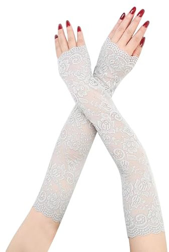 Suxgumoe Lange Spitzenhandschuhe, Frauen Blumenspitze Armstulpen UV-Schutz Spitze Armstulpen Fingerlose Fahrhandschuhe für Hochzeitsfeier (Grau)