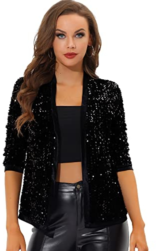 Allegra K Damen Pailettenjacke Glitzer Elegant Blazer Langarm Pailletten Party Club Offen Jacke Jacken Schwarz S