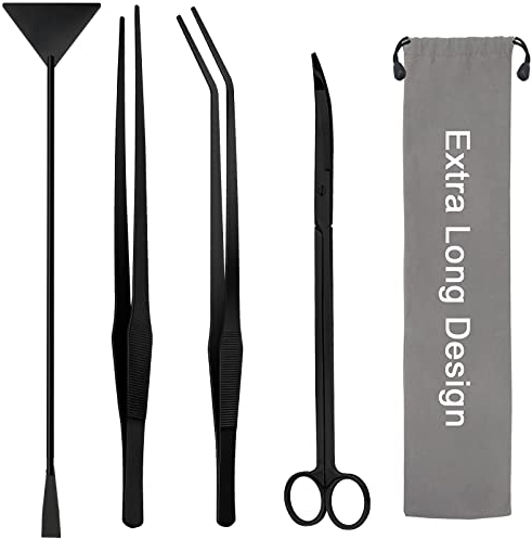 38cm Extra Long Aquarium Aquascape Kits, 4 in 1 Anti-Rust Aquatic Plant Aquascaping Tool Stainless Steel Tweezers Scissors Spatula for Aquarium Tank Clean Fish Tank Aquascape Tools Sets (Black)