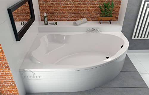 ECOLAM Baignoire d'angle Comfort acrylique blanc 140x90 cm gauche + revêtement polystyrène + bonde vidange et trop-plein automatique, pieds, silicone