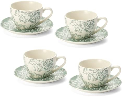 ChaCult | Verzierte Porzellantassen | 4 Aufgussbecher mit Blumendekor | Küchenbecher | Bedruckte Teetassen | Große Tasse mit Teller | Servieren Sie 4 Porzellantassen