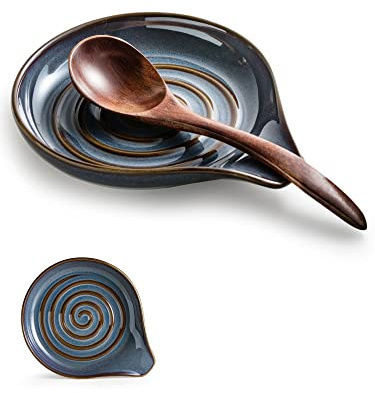 Cormomu Spoon Holder, Cooking Spoon Rest for Stove Top Utensil Rest for Spoons, Ladles, Tongs, Spatula, Large Spoon Holder with Handle for Easy Grip Framhouse Decor Cute Kitchen Gadget, Gray and Blue