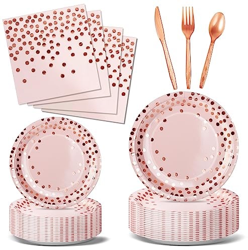 Nkaiso 144 Piezas Rosa y Rosaoro Vajilla Fiesta Cumpleaños,Papel Platos Cumpleaños Infantil, Juego de vajilla para Fiestas Platos Servilletas reutilizable Cubiertos -24 Invitado