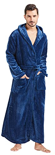 FashGudim Vestaglia Uomo Grande e Alta con Cappuccio in Flanella di Pile - Lunga, Morbida e Calda per Casa (Blu Navy, XXXL)