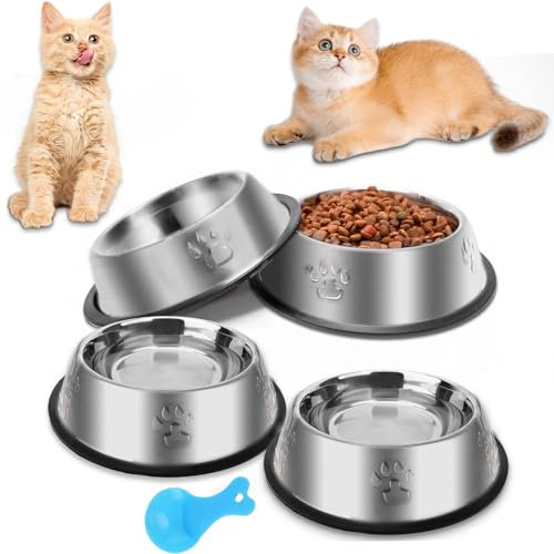 Katzennapf aus Edelstahl, 4 Stück, Metall-Hundenäpfe für Futter und Wasser, rutschfester Futternapf mit Gummiboden für Katzen, Welpen, kleine mittelgroße Hunde