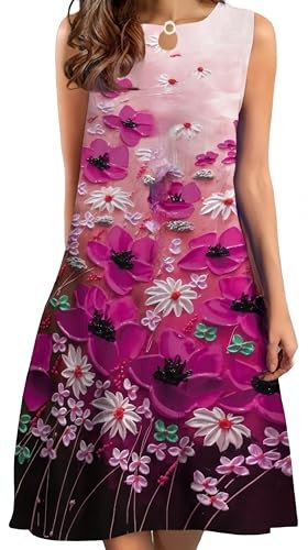 Ocean Plus Femme Été Imprimé Midi Jupe Col Rond Longue Robe Décontractée sans Manches (L, Peinture à l’Huile Rose-Rouge)