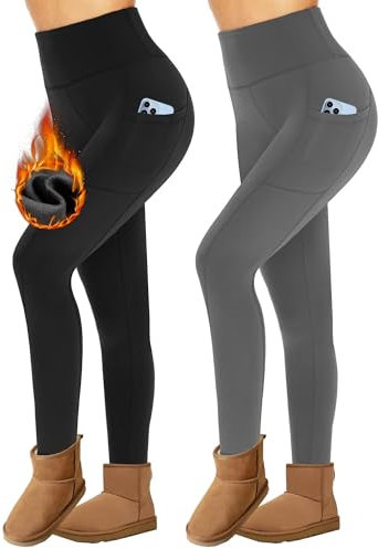 Missluck 2er Pack Thermo Leggings mit Taschen Damen im Winter, High Waist Gefüttert Thermoleggins für Sport(Dunkelgrau/Schwarz,S/M)
