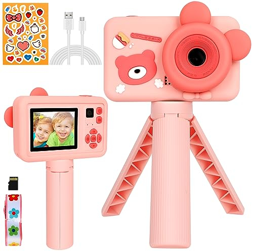 Kinderkamera mit Stativ, Geschenke für 3-12Jahre Jungen und mädchen 1080P HD 2.0“ Bildschirm Digitalkamera mit 32GB SD-Karte Selfie Fotoapparat Kinder Geburtstagsgeschenk Weihnachten Spielzeug (Rosa)