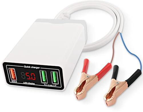 XMSJSIY Battery Clip 12V/24V/36V to USB 5V 2.4A/12V 2A Fast Charger DC Converter Power Adapter Buck Regulator Charger 30W QC 3.0 3-Port USB Plug with Voltmeter Display for Motorcycle Boat SUV