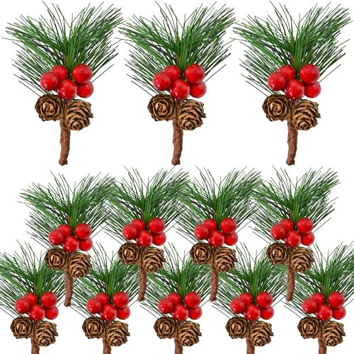 Bacucine 12 piezas de bayas de Navidad, conos de pino, púas florales artificiales, guirnalda de invierno, decoraciones de Navidad con bayas rojas, aguja de pino para manualidades, mesa, chimenea, bar,