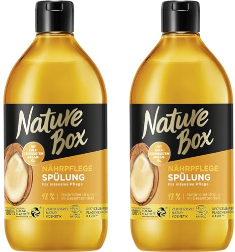 Nature Box Spülung Nährpflege (385 ml), Conditioner für trockenes Haar mit Argan-Öl sorgt für intensive Pflege, Flasche aus 100% Social Plastic (Packung mit 2)