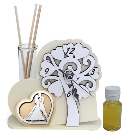 DLM35003 Profumatore Orologio Cuore in Legno Albero della Vita Sposi Nozze Matrimonio Diffusore Profumo bomboniera