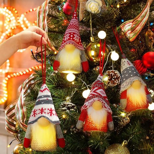Johiux Weihnachtsbaumschmuck, LED-Zwerge, hängende Ornamente, 4 Stück Zwerge mit LED-Licht, Weihnachtsdekoration, Gonks Weihnachten, schwedische nordische Weihnachtsdekoration, Weihnachtsmann, Elfe