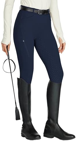 WILLIT Pantaloni da equitazione da donna, con inserti completi, in silicone, a vita alta, elasticizzati, con tasca con cerniera, passanti per cintura, Blu mare, M