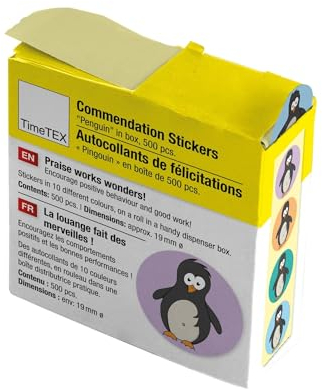 TimeTEX - Belobigungs-Aufkleber Pinguin | Lehrersticker für motivierendes Feedback | 500 Sticker in praktischer Spender-Box | 1 Motiv mit verschiedenfarbigen Hintergründen | 19 mm ø