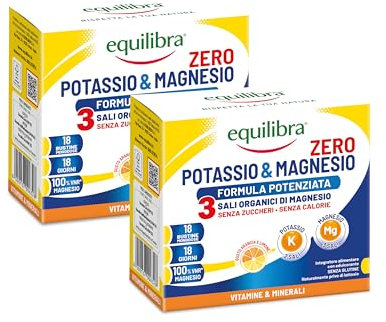 Equilibra Integratore Potassio e Magnesio, Senza Zucchero, Reintegro Sali Minerali, Gusto Limone e Arancia, 36 Bustine