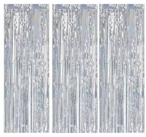 Jisrcha Lametta Vorhang Geburtstagsdeko 3 Stück 1 * 3M Glitzervorhang fransen,Glitzer Lametta Party Deko für Geburtstag Weihnachtsfeier Hochzeit Abschluss Disco Silvester Party Dekoration (Silbrig)