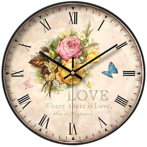 NUOVO 12 Inch Vintage Flower Wall Clock - 30 cm Round Rustic Country Retro Style - Silent, Easy to Read - Perfect for Living Room, Bedroom, Kitchen