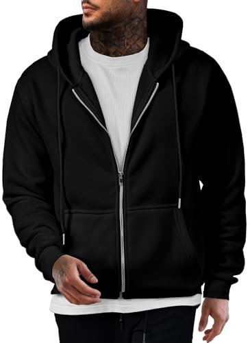 JMIERR Kapuzenpullover Herren Basic ReiBverschluss Baumwolle Einfarbig Sweatjacke Hoodie Kapuzenjacke mit Taschen,Schwarz L