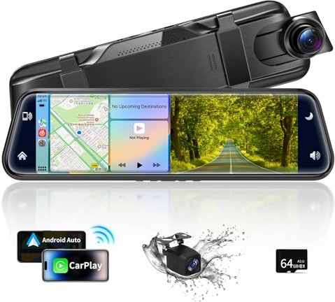 Adelagnes Spiegel Dashcam mit Rückfahrkamera Spiegel with Wireless Carplay,Android Auto with HD Rear View Camera,10 Inch IPS Touchscreen Dual 1080P Rear View Mirror,Dash Cam Front and Rear for Car