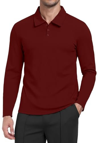 MLANM Premium Men's Golf Polo Shirt Button Down Collar Long Sleeve Tops L Wine Red