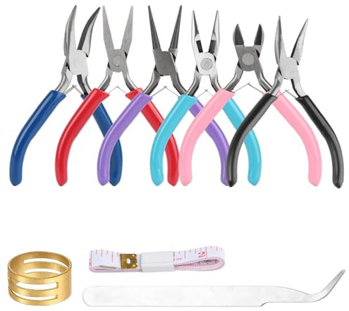 6 Pcs Jewellery Pliers Set, Jewellery Making Tools, Diagonal Round Nose Bend Needle Nose Pliers for Crafting, with Tweezers Ring Ruler