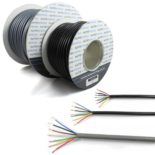 AUTOWIRING Automotive 7 Core Trailer Cable - 12v 24v Thin Wall Multistrand Caravan Wire (1mm² 16.5 AMP, 2mm² 25 AMP Earth), 20M Roll