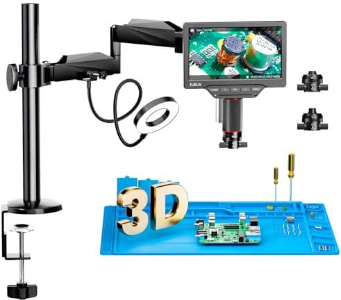 Elikliv 3D 3K Digitales Lötmikroskop mit Magnetische Doppellinse, EM3K-3D HDMI Soldering Microscope mit Flex Arm, 7 Zoll Münzmikroskop, Ringlicht, mikroskop mit Bildschirm, Elektronik Reparaturmatte