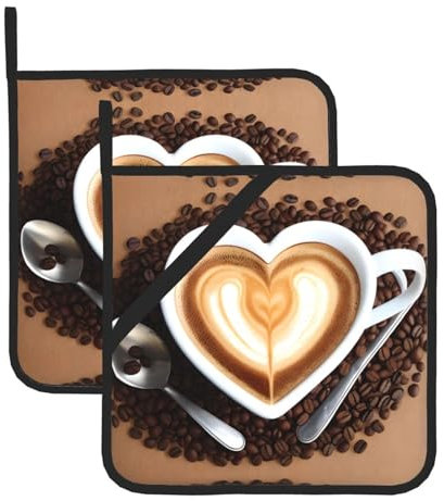 BROLEO Set di 2 presine da 20,3 x 20,3 cm, resistenti al calore e durevoli, accessori da cucina in tessuto impermeabile, caffè con stampe a forma di cuore