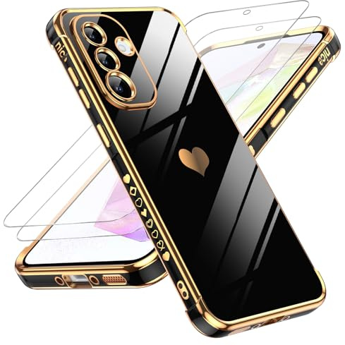 LeYi für Samsung Galaxy A36 5G TPU Handyhülle mit 2*Schutzfolie-Schwarz | Cute Herz Muster Flexibel Silikon Galvanik Stoßfest Schutzhülle Cover Case, Kameraschutz Kratzfest für Samsung A 36 5G Hülle