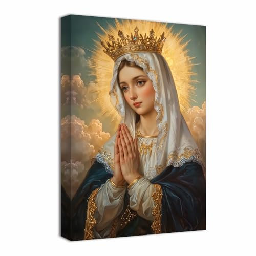 ZQQART Leinwandbild mit der Jungfrau Maria Wanddekoration für die Kirchekatholisches religiöses Bild christliche Posterdrucke Mutter Maria Gemälde Dekor gerahmt fertig zum Aufhängen(Gold,30x45cm)