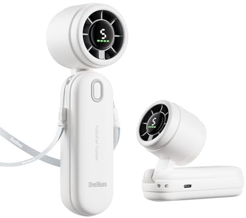 Diveblues 3 en 1 Portátil Ventilador de Mano, Mini Ventilador Turbo Recargable 4000mAh, 5 Velocidades Ajustables, Hasta 12H de Enfriamiento, Ideal para Viajes y Actividades al Aire Libre