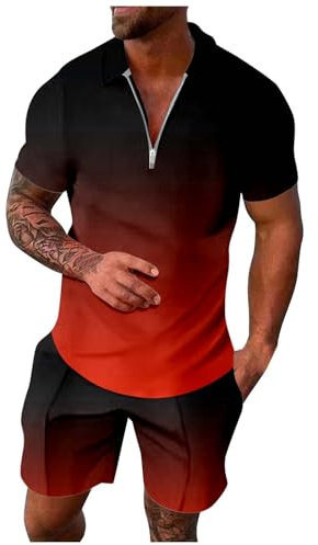 Generisch Men's 2-Piece Tracksuit, Summer Outfits, Short Sleeve, Casual, Zip, Sports Suit, Summer Clothing, Shirt and Shorts, Jogging Suit, Wetsuit, Red 4, M