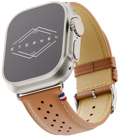 Eternel - Roadster Bracelet emblématique - Compatible toutes Apple Watch - 45/46mm - Fait main en France - Tannage végétal - Gold - Adaptateurs titane ultra