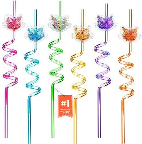 MYZSBRDM 24 Glitter cat Reusable Straws with 24 Detachable Hello Kitty Charms - 6 Colors Spiral Party Drinking Straws ，2 Cleaning Brushes for Birthdays, Christmas, Kids & Adults